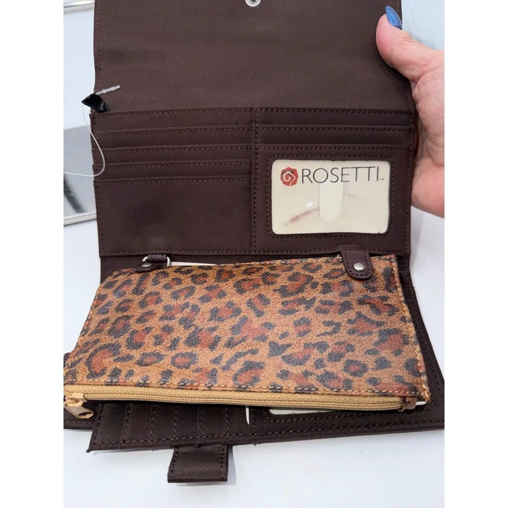 Rosetti Burgundy Pebbled Faux Leather Trifold Wristlet Wallet Leopard Pouch